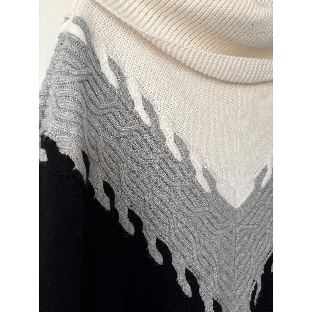 Talbots  Cream Gray Black Cable Knit V- Stripe Cowl Neck Poncho Medium - Picture 2 of 6